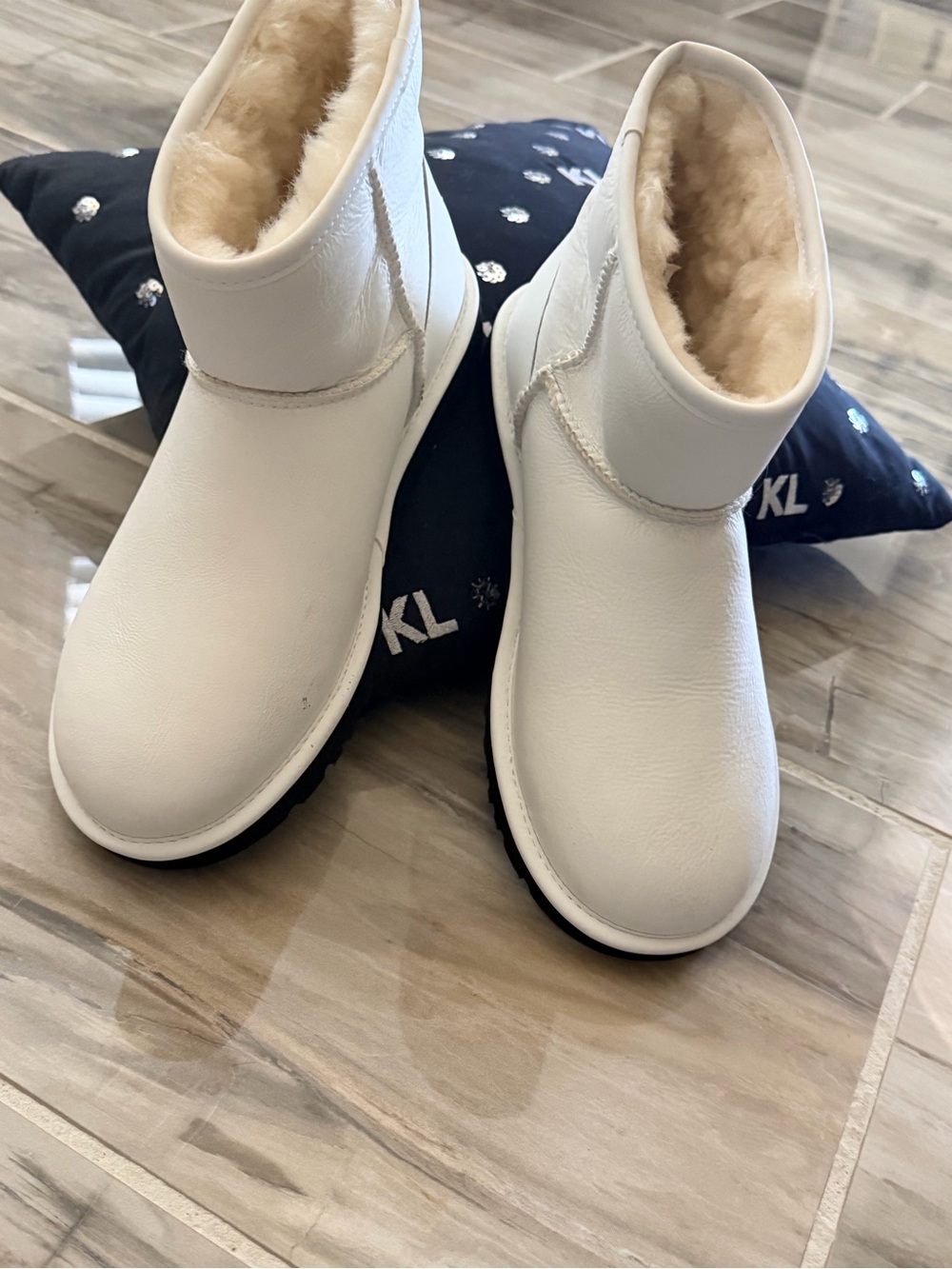 UGG White Classic Mini Shearling Boots Logo Strap Cozy Winter Booties
